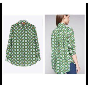 Villagallo Anastasia Green Floral Geometric Shirt Blouse Sz 38 (S/M) Bloomcore